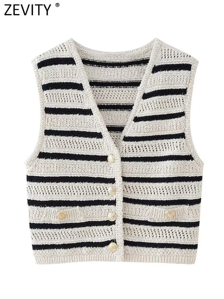 Zadvity Damenmode V-Ausschnitt aushöhlen gestreiften Strick pullover weibliche schicke Knöpfe Taschen Strickjacke Weste Mäntel Tops ct6171 Image