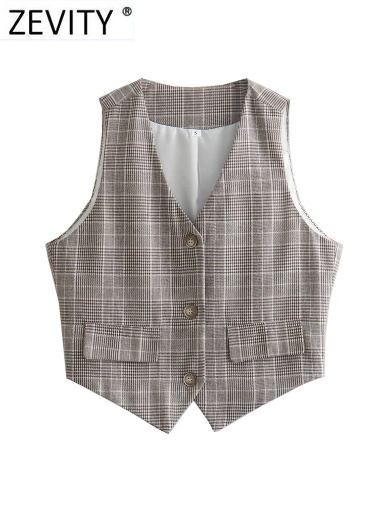 Zadvity Frauen Mode V-Ausschnitt Hahnen tritt Plaid Print Weste Vintage ärmellose Klappen taschen weibliche schicke Ernte Weste Tops ct288 Image