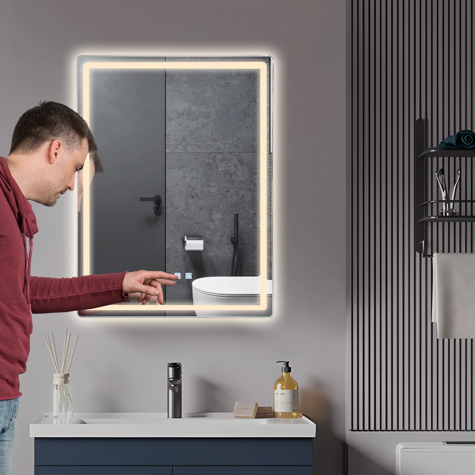 Specchio da bagno a LED con luci, antiappannamento, specchio da bagno dimmerabile a LED, specchio da bagno illuminato 3 colori, per bagno