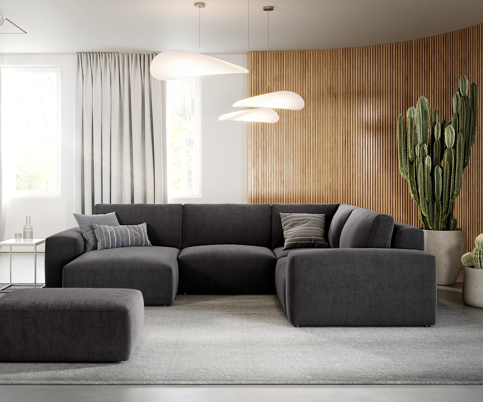 DELIFE Wohnlandschaft Lanzo 300x210 cm Mikrofaser Schwarz Recamiere variabel mit Hocker, Wohnlandschaften Image