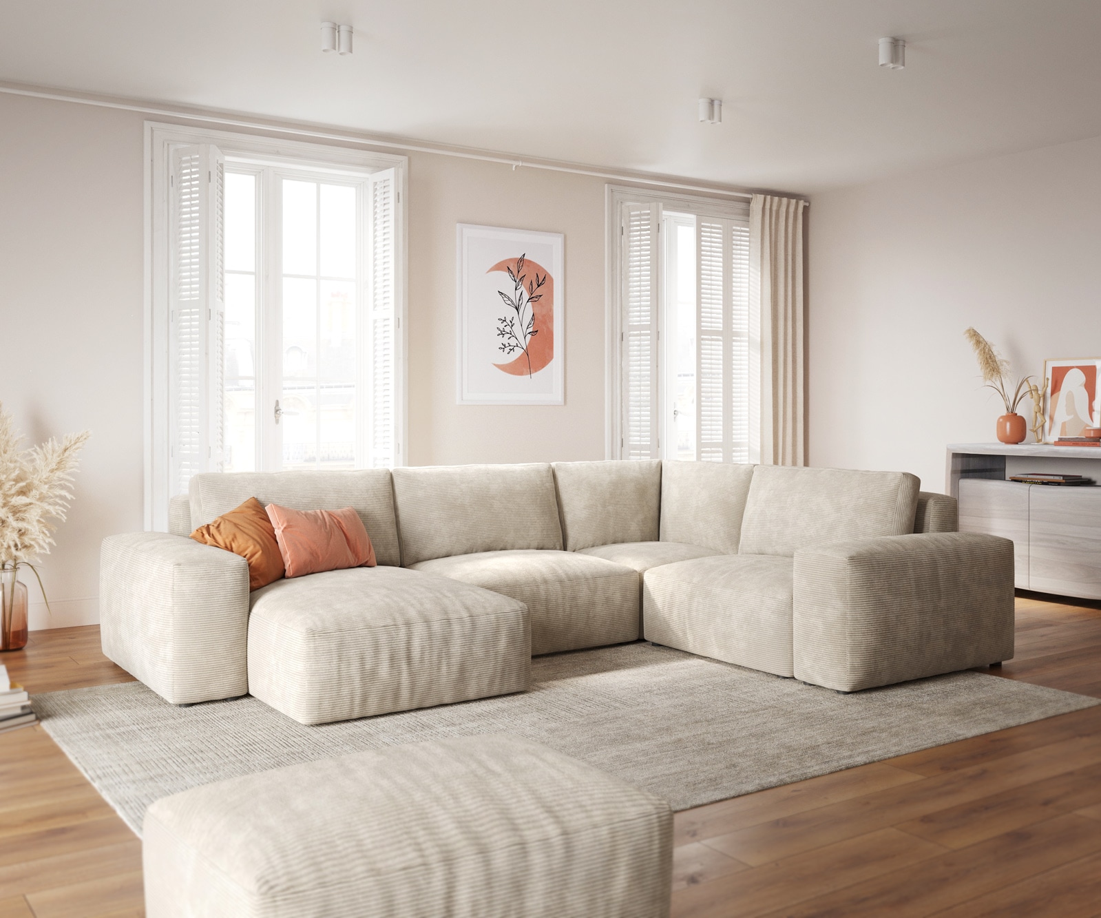 DELIFE Wohnlandschaft Lanzo 300x210 cm Cord Beige Recamiere variabel mit Hocker, Wohnlandschaften Image