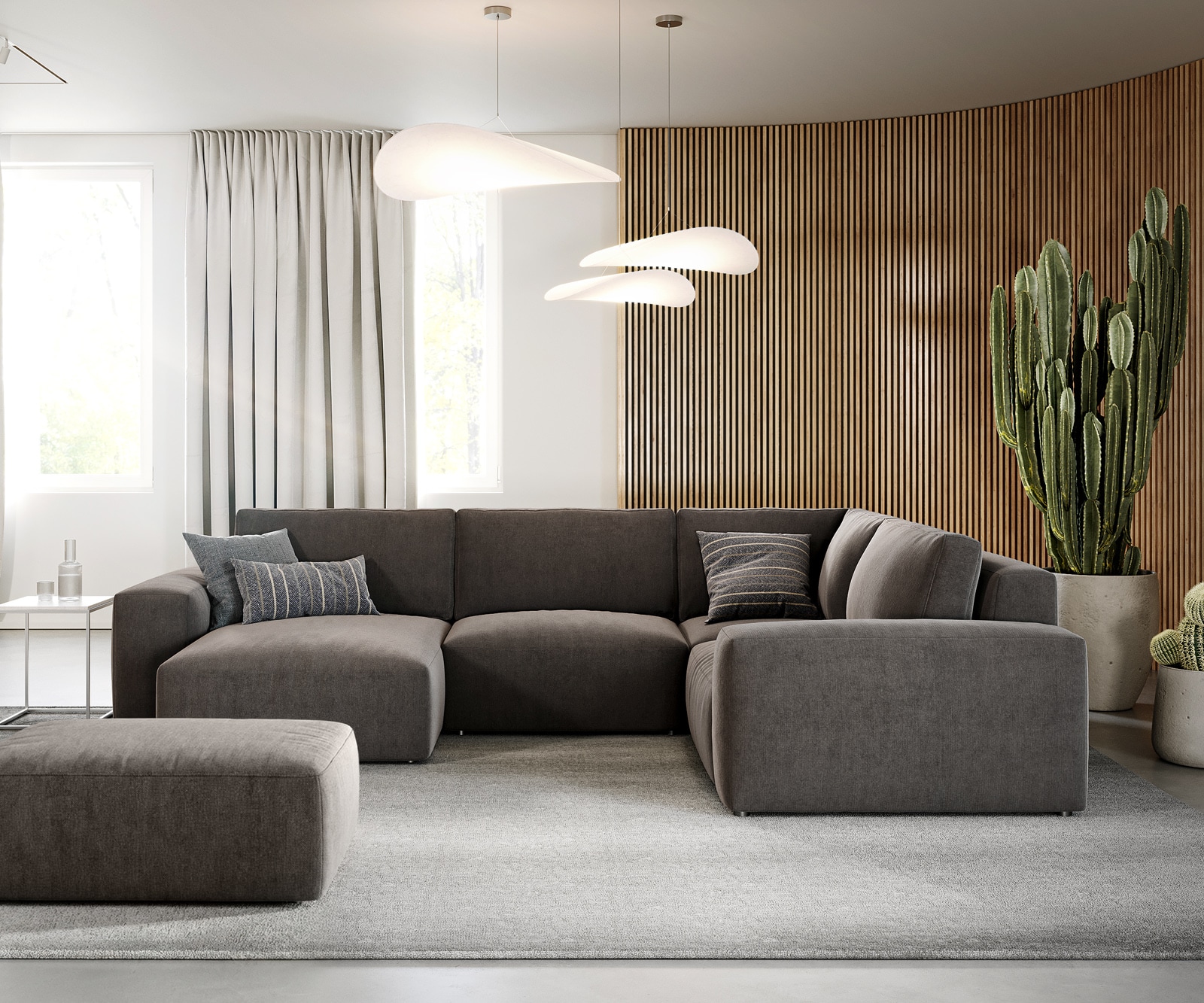 DELIFE Wohnlandschaft Lanzo 300x210 cm Mikrofaser Khakibraun Recamiere variabel mit Hocker, Wohnlandschaften Image