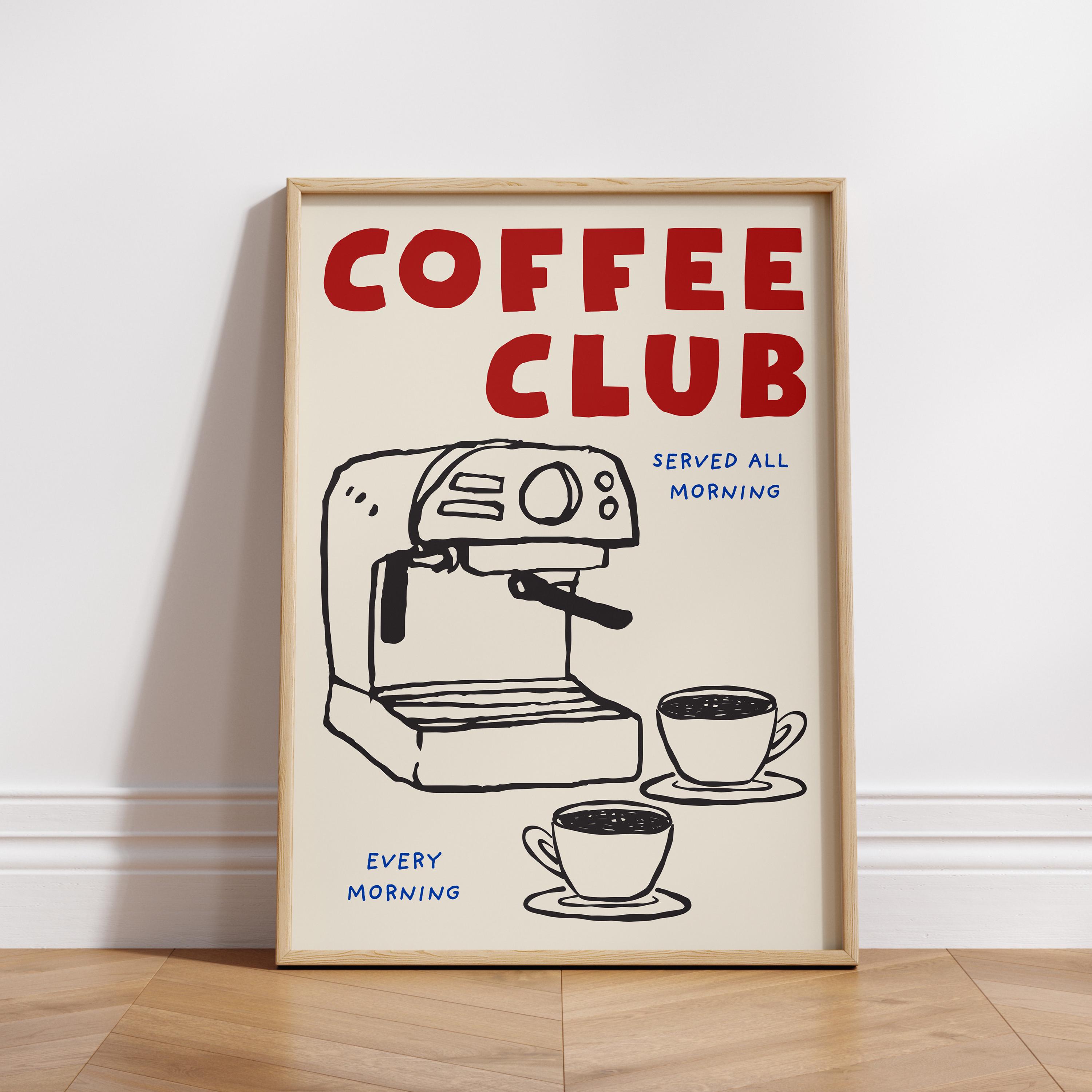 Poster da cucina con stampa artistica Coffee Club, stampa da parete retrò per cucina, stampa da caffè rosso, stampa da cucina disegnata a mano, regalo
