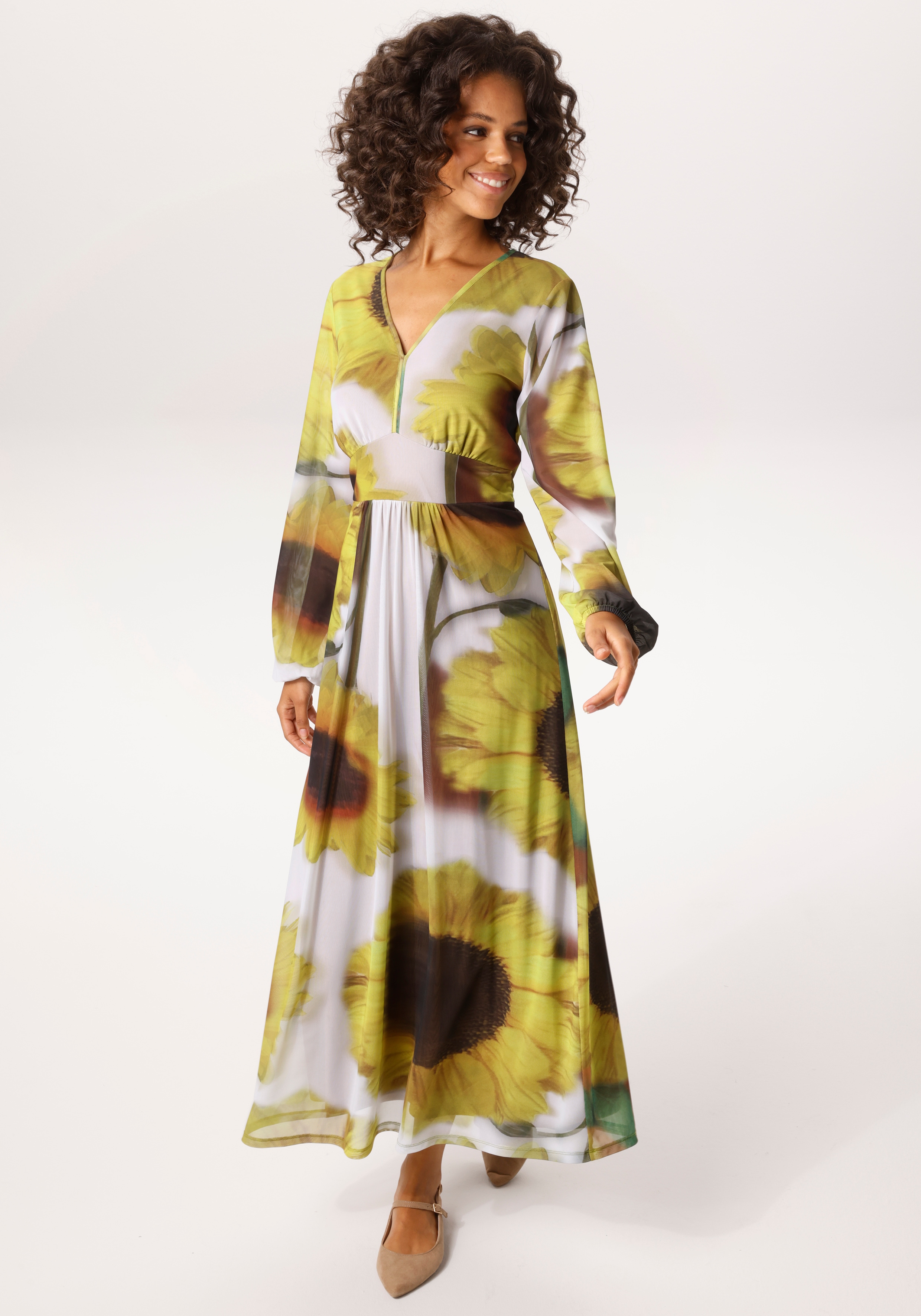 Maxikleid ANISTON CASUAL, Damen, Gr. 48, N-Gr, moosgrün, hellgrau, schwarz, dunkelbraun, grün, braun, gelb, hellbraun, Mesh, Obermaterial: 95% Polyester, 5% Elasthan. Futter: 100% Polyester, bedruckt, geblümt, figurumspielend knöchelfrei,...