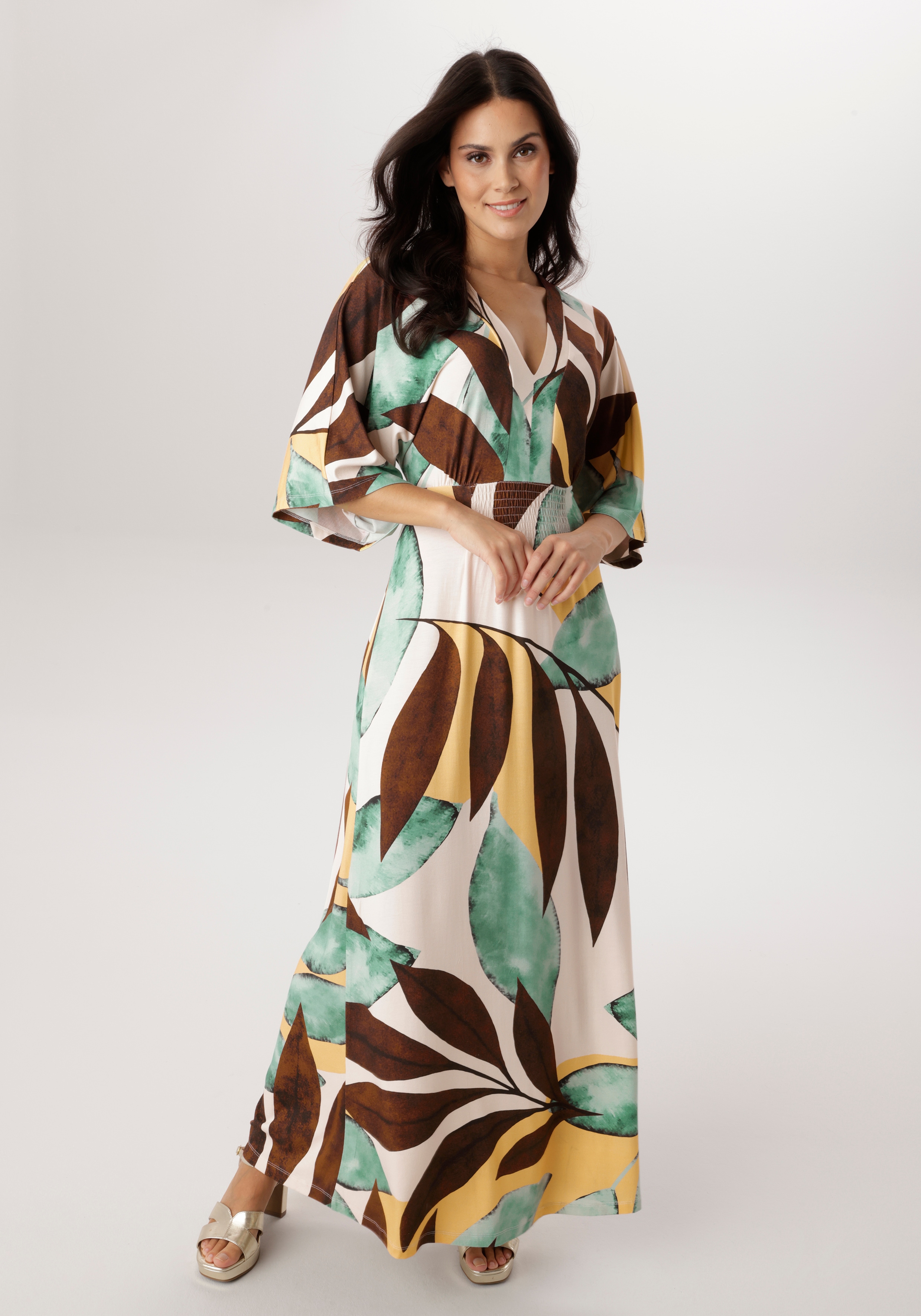 Maxikleid ANISTON SELECTED, Damen, Gr. 40, N-Gr, natur, ockergelb, braun, türkis, petrol, Single Jersey, Obermaterial: 95% Viskose, 5% Elasthan, bedruckt, geblümt, gemustert, lässig geschnitten lang, V-Ausschnitt, weit, Kleider Maxikleid, mit...