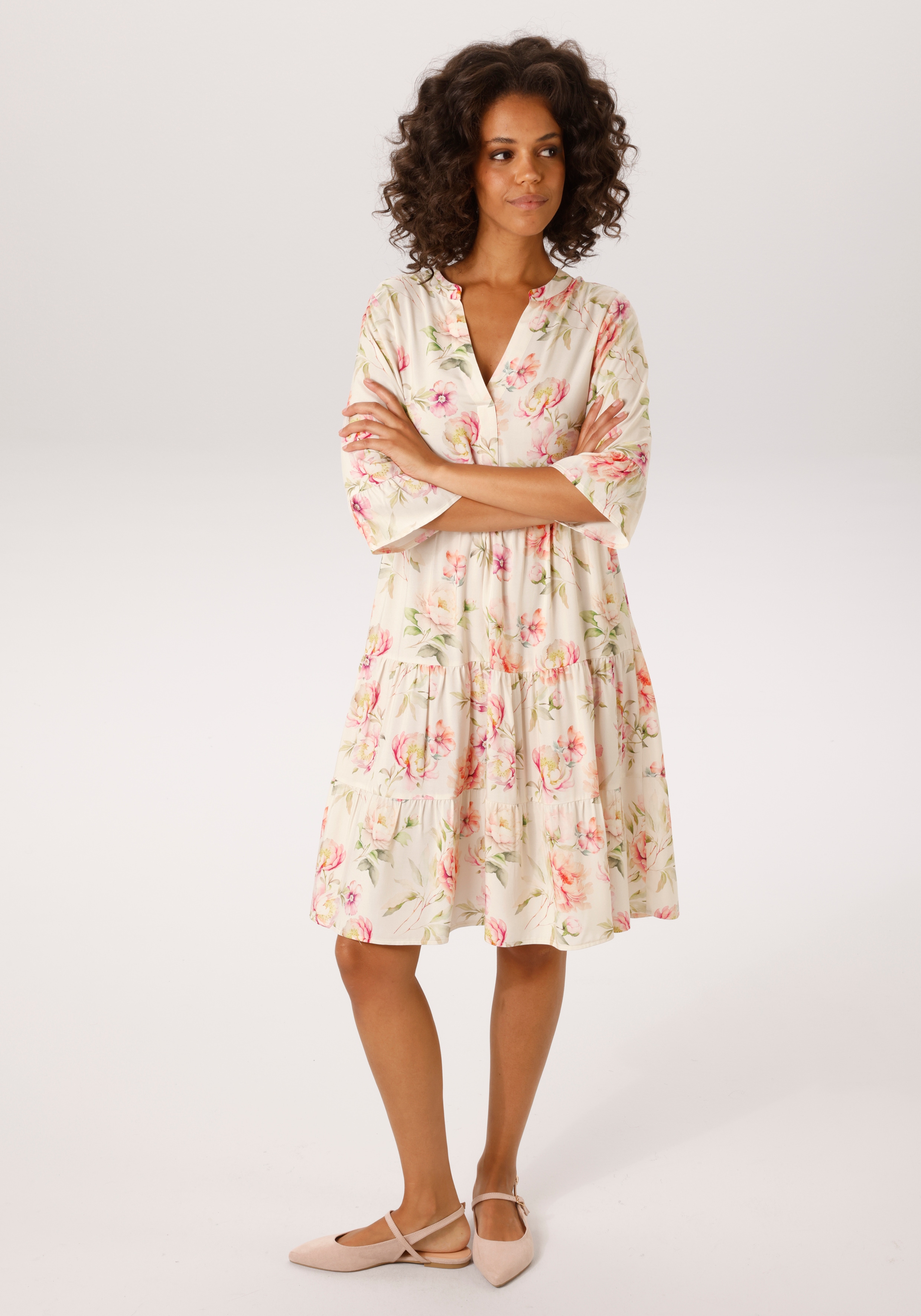 Blusenkleid ANISTON CASUAL, Damen, Gr. 38, N-Gr, hellbeige, grün, rosa, rot, apricot, fuchsia, petrol, taupe, hellbraun, Web, Obermaterial: 100% Viskose, bedruckt, geblümt, lässig geschnitten kniefrei, V-Ausschnitt, Volant, Kleider Blusenkleid, mit...