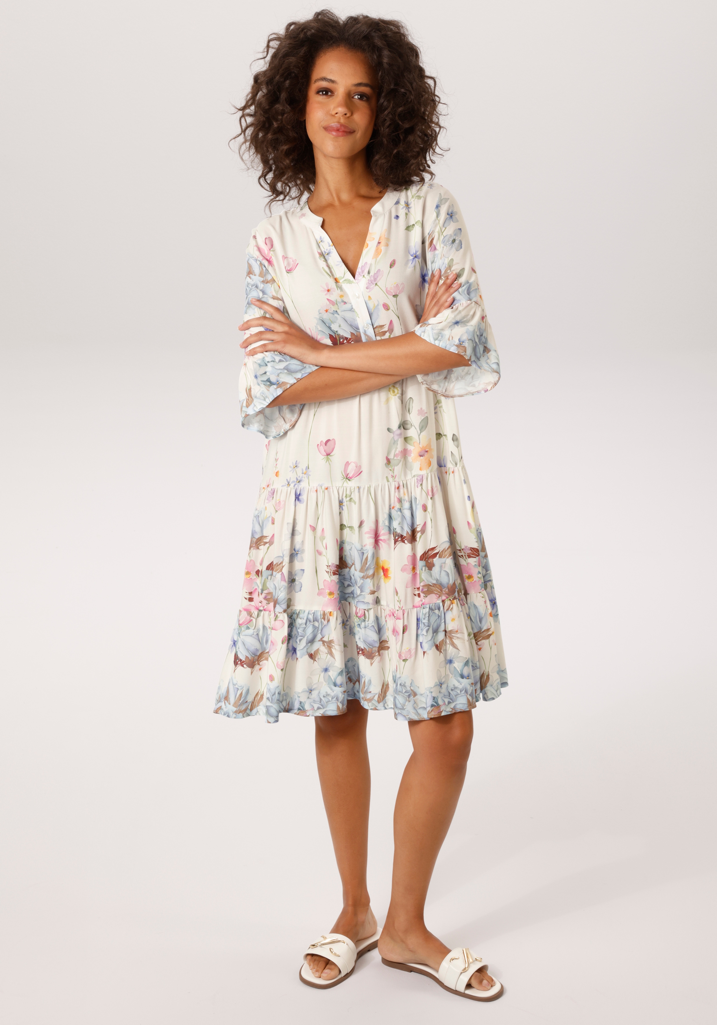 Tunikakleid ANISTON CASUAL, Damen, Gr. 40, N-Gr, wollweiß, hellblau, helltürkis, blau, orange, apricot, pink, rosa, malve, grün, hellgrün, gelb, braun, hellbraun, Web, Obermaterial: 100% Viskose, bedruckt, geblümt, lässig geschnitten knieumspielend,...