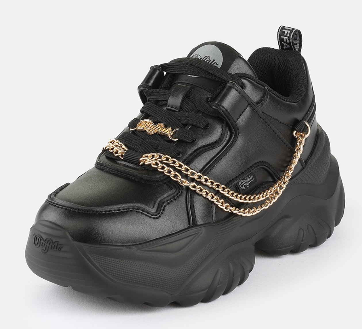 Plateausneaker BUFFALO "Bliss Chain", Damen, Gr. 37, schwarz, goldfarben, Lederimitat, Schuhe Plateausneaker, Halbschuh, Schnürschuh, Chunky Sneaker mit Zierkette