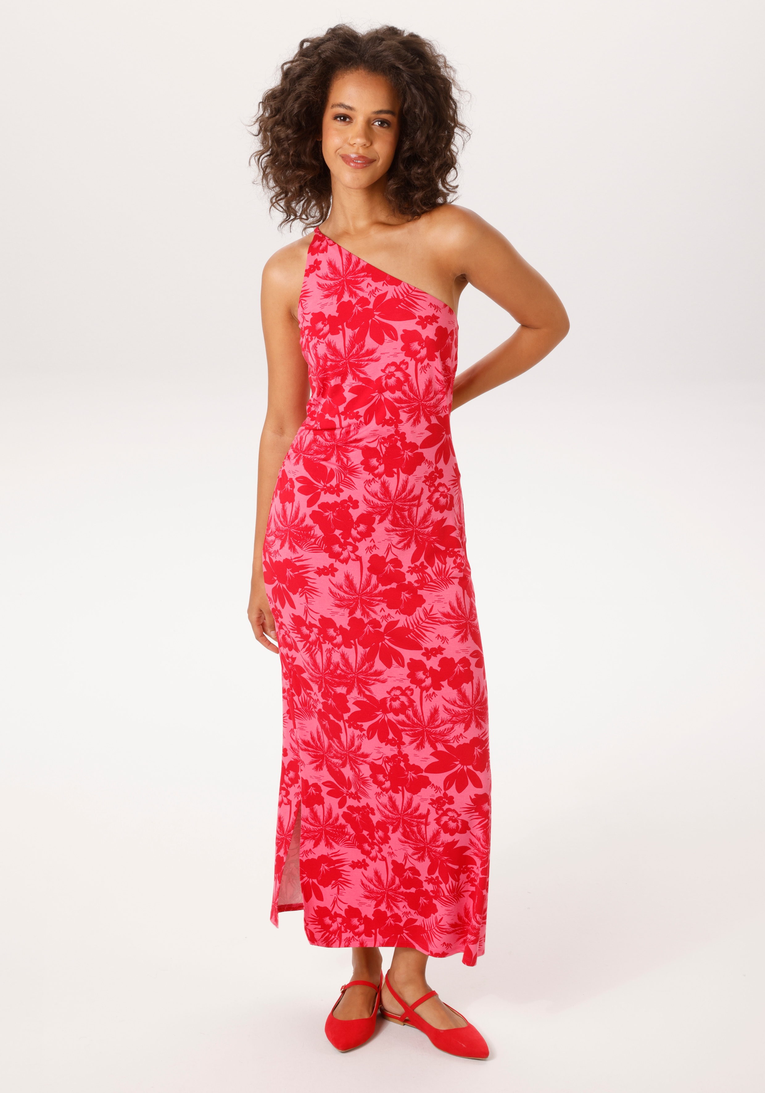 Sommerkleid ANISTON CASUAL, Damen, Gr. 48, N-Gr, pink, rot, Single Jersey, Obermaterial: 95% Viskose, 5% Elasthan, bedruckt, geblümt, figurbetont knöchelfrei, Kleider Sommerkleid, in modischer One-Shoulder-Form - NEUE KOLLEKTION