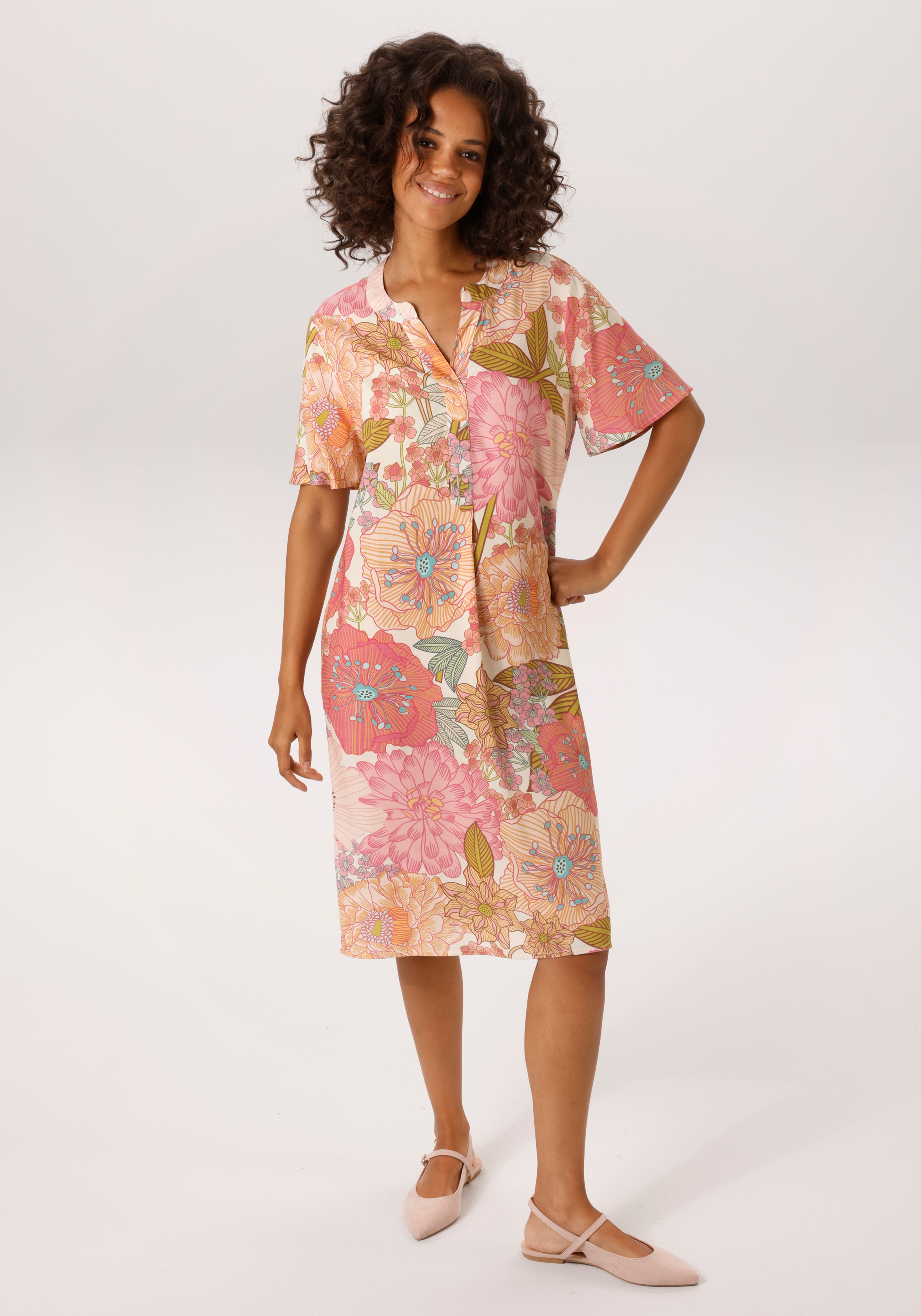 Sommerkleid ANISTON CASUAL, Damen, Gr. 48, N-Gr, creme, pink, rosa, türkis, grün, orange, gelb, braun, blau, Web, Obermaterial: 100% Viskose, bedruckt, geblümt, lässig geschnitten kniebedeckend, V-Ausschnitt, Kleider Sommerkleid, mit farbenfrohen,...