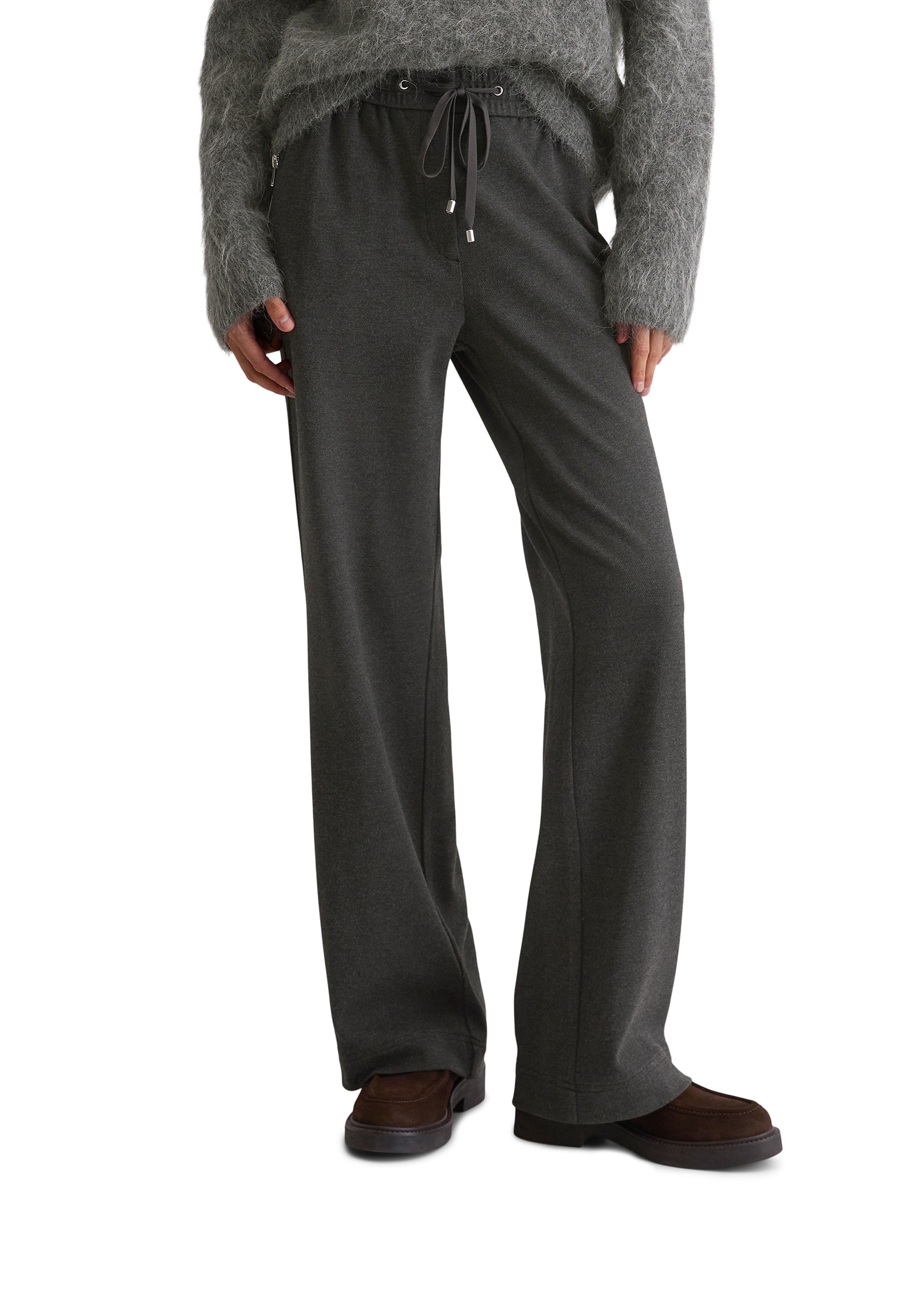 Chinohose MARC O'POLO "aus elastischem Viskose-Mix", Damen, Gr. 42, Normalgrößen, night grau melange, Twill, Obermaterial: 70% Viskose, 25% Polyamid, 5% Elasthan; Futter: 100% Baumwolle, unifarben, weit normal, Hosen Chinohose