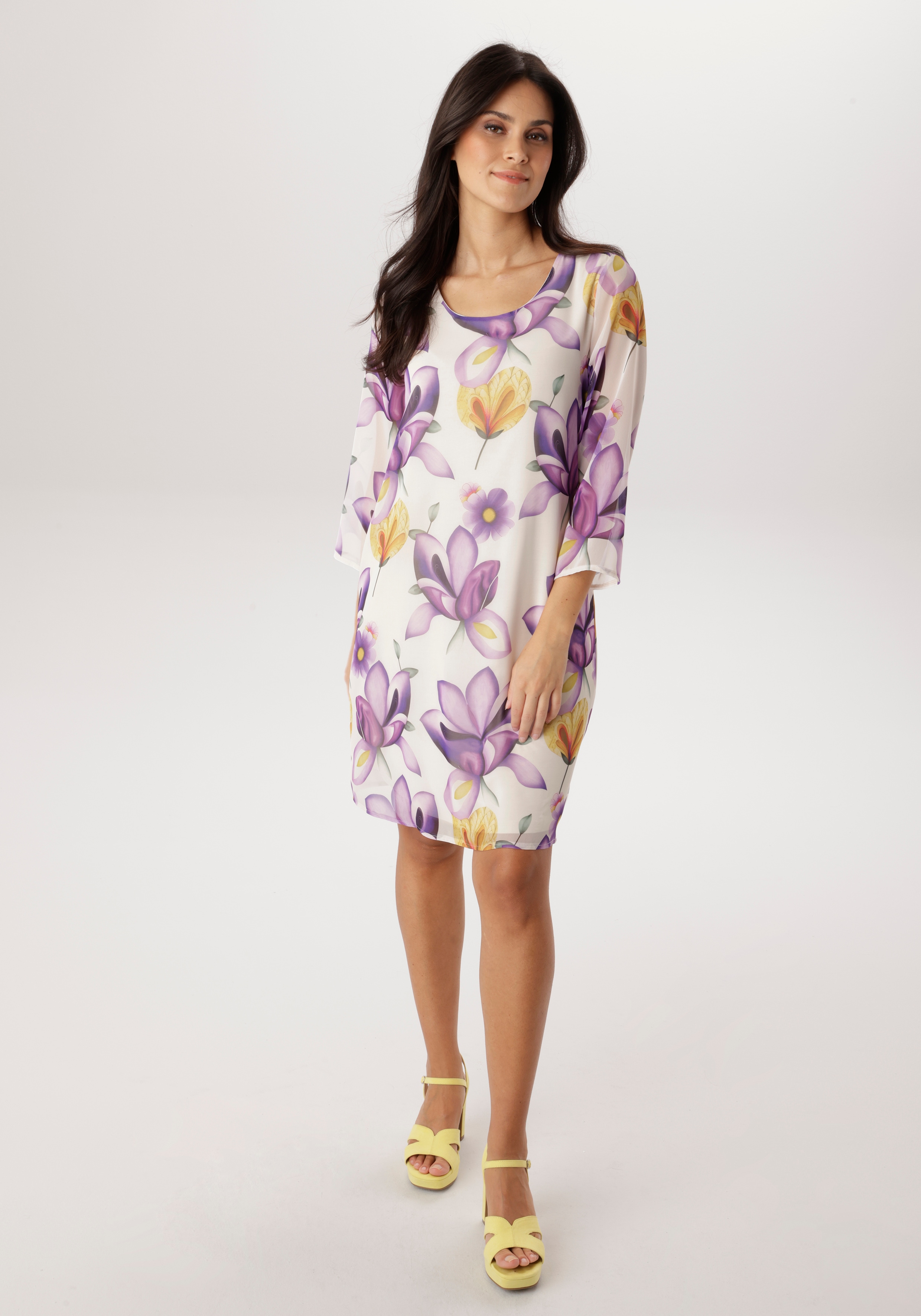 Chiffonkleid ANISTON SELECTED, Damen, Gr. 40, N-Gr, sanftes weiß, lila, flieder, orange, oliv, gelb, dunkelgrün, Chiffon, Obermaterial: 100% Polyester. Futter: 95% Viskose, 5% Elasthan, bedruckt, geblümt, gemustert, figurumspielend kniefrei,...