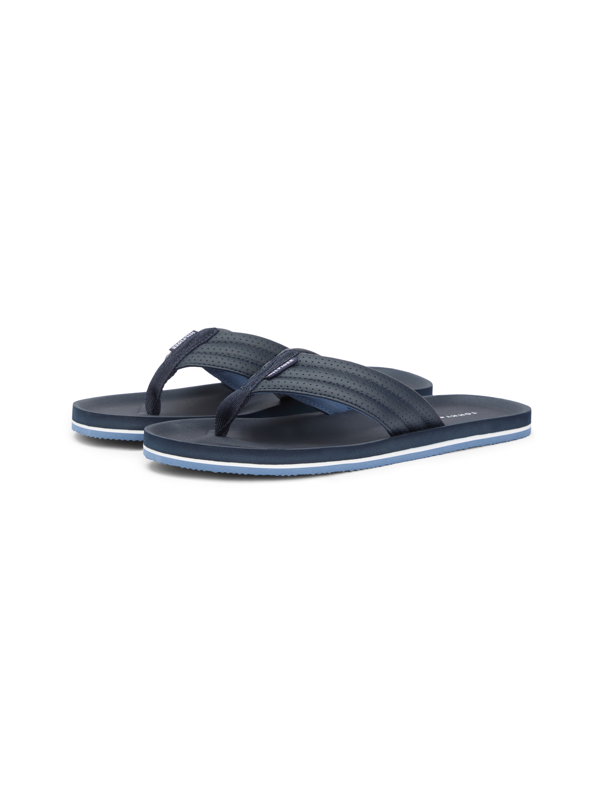 Zehentrenner TOMMY HILFIGER "COMFORT PADDED PERF BEACH SANDAL", Damen, Gr. 47, dunkelblau, Lederimitat, Textil, Schuhe Zehentrenner, Sommerschuh, Strandschuh mit modischer Ziersteppung