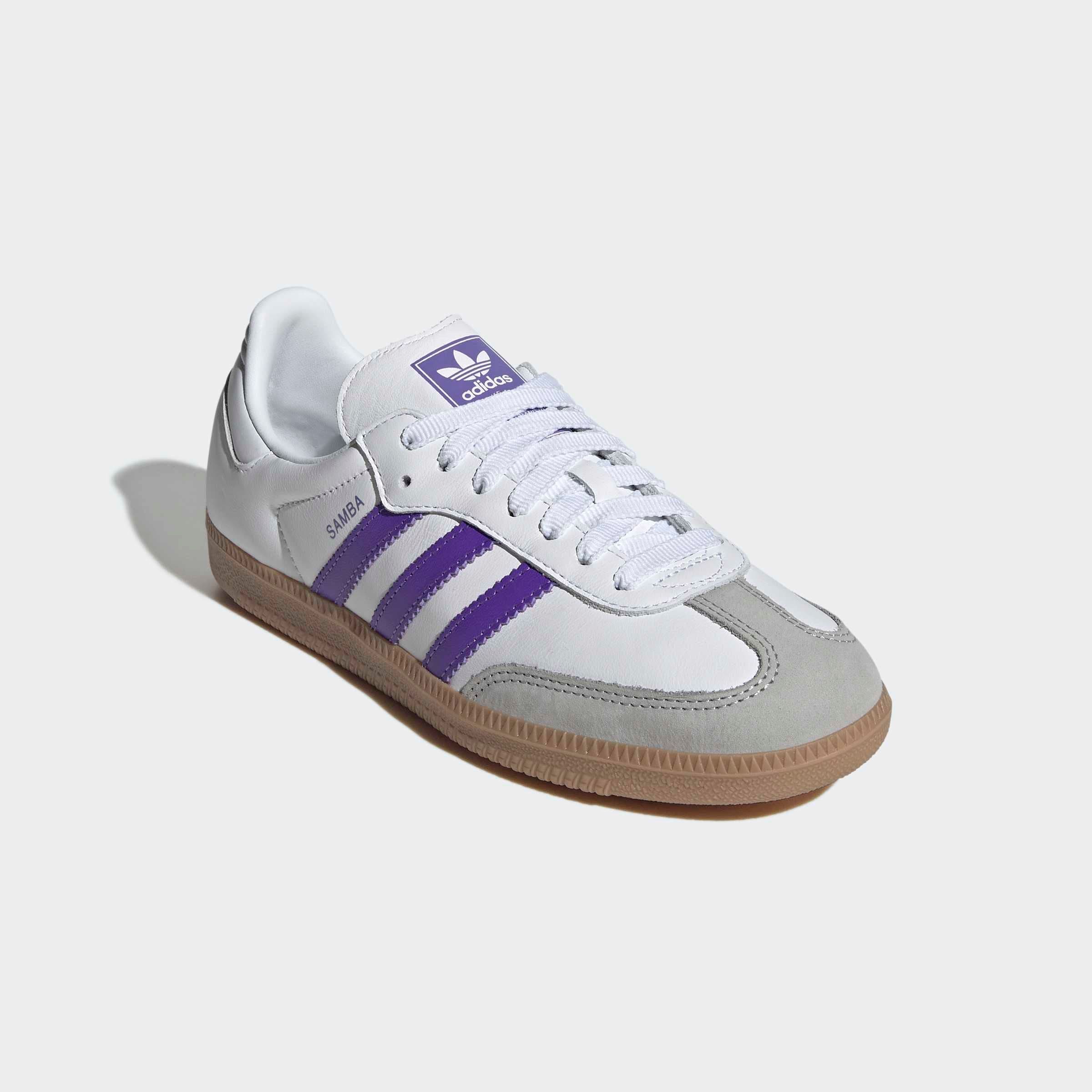 Sneaker ADIDAS ORIGINALS "SAMBA OG", Damen, Gr. 43, cloud weiß, lila rush, grau one, Leder, Schuhe Sneaker