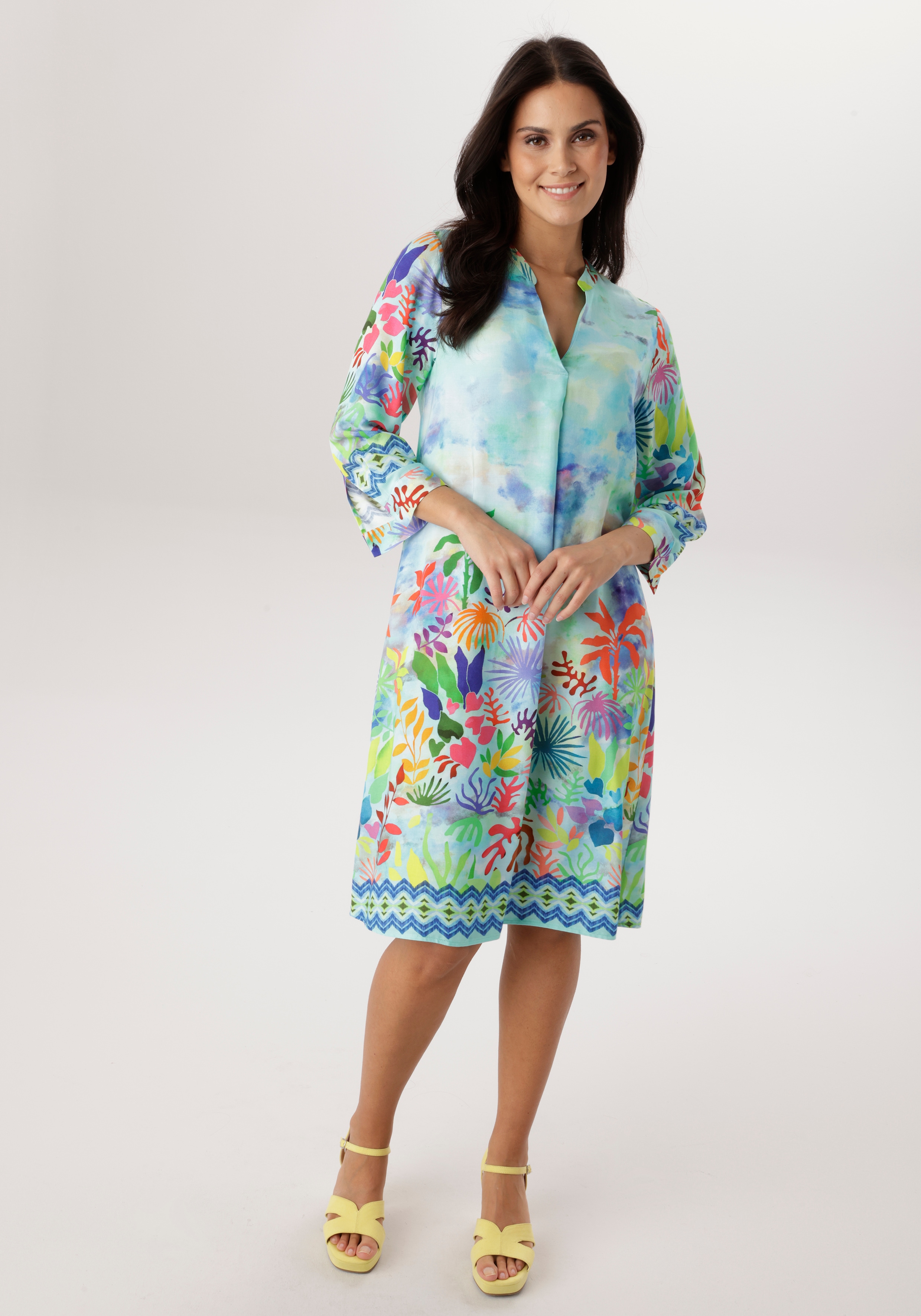 Blusenkleid ANISTON SELECTED, Damen, Gr. 42, N-Gr, hellblau, türkis, grün, gelb, bunt, Web, Obermaterial: 100% Viskose, bedruckt, gemustert, mehrfarbig, lässig geschnitten knieumspielend, V-Ausschnitt, 1-Knopf-Manschette, Kleider Blusenkleid, mit...