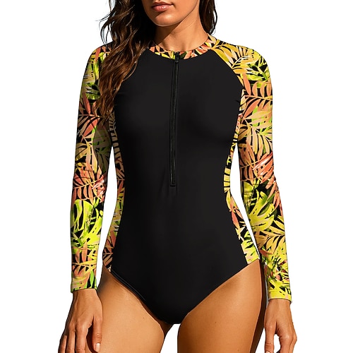 Damen Rash Guard Tauchanzug Badeanzug Sport-Bademode Blumenmuster Tropisch Reißverschluss UPF50 Schnelltrocknend Leicht Langarm T-Shirt zum Schwimmen Surfen Strand Wassersport Sommer Image