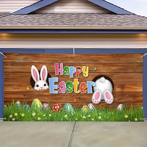 Ostergaragenüberdachung mit hervorlugendem Hasen und bunten Eiern, festliche Frühlingsdeko aus Holz, perfekt für Osterdekorationen und saisonale Wanddekorationen Image