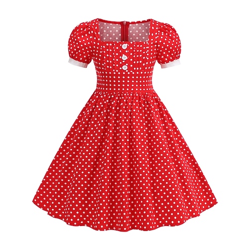 1950er Hepburn Retro Vintage Midlänge A-Linie Kleid Swing-Kleid Ausgestelltes Kleid Tupfen A-Linie Quadrathals Kostüm Mädchen Karneval Maskerade Urlaub Alltagskleidung Kinder Kleid Frühling Sommer Image