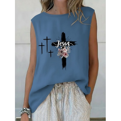 Damen Sommeroberteile Bluse Ärmelloses Shirt Druck Blumen Vintage Täglich Stilvoll Ärmellos Rundhalsausschnitt Normale Oberteile Täglich Ferien Ausgehen Blau Schwarz Weiß Rosa Sommer Frühling Image