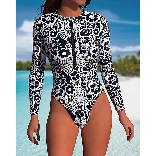 Damen Anti UV Shirt Badeanzug Badeanzug Bademode Bademode Surfen Strand Schwimmen Blume Badeanzug UPF50 Polyester Langarm Strandbekleidung Image