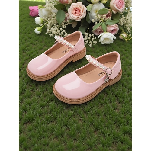 Mary-Jane-Schuhe mit Perlenriemen für Kinder, glänzendem PU-Obermaterial, gepolsterter Innensohle und stabiler, niedriger Plateausohle – ein süßer Prinzessinnenstil für Mädchen, perfekt als Image