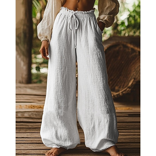 Damen Kunstbaumwollleinen Weites Bein Sommerhose Hosen Hose Urlaub Mode Basic Volle Länge Natürliche Taille Einfach Tasche Elastischer Bund Komfort Schnelltrocknend Weich Unelastisch Streetwear Image