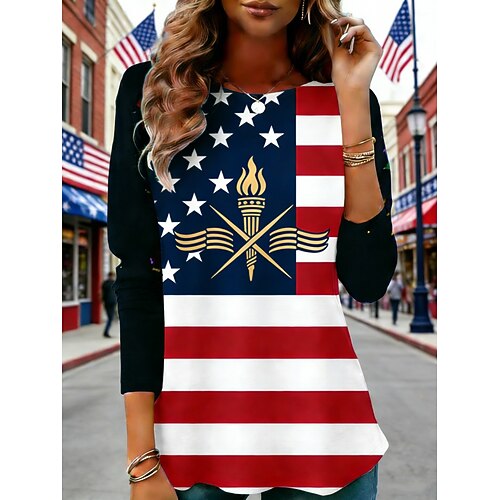 Amerikanischer Unabhängigkeitstag Damen T Shirt T-Shirt Druck Grafik Amerikanische Flagge Mode Stilvoll Klassisch Langarm Rundhalsausschnitt Normale Oberteile Täglich Wochenende Urlaubskleidung Blau Image