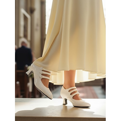 Damen Lack-Kunstleder Mary Jane Heels - Vintage Gatsby Mid-Heel Pumps mit Perlenriemen elegante Schuhe für Hochzeiten und formelle Veranstaltungen Image