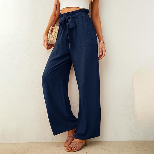 Damen Hose Baggy-Hosen Freizeithose Urlaub Mode Streetwear Volle Länge Hohe Taille Einfarbig Einfach Tasche Elastischer Bund Weites Bein Komfort Schnelltrocknend Weich Mikroelastisch Täglich Image