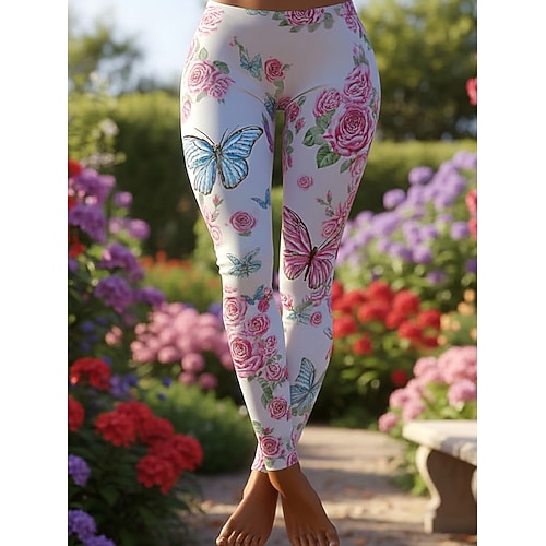 Damen Hosen Hose Leggings Gemütliche Leggings Urlaub Basic Lässig Volle Länge Hohe Taille Schmetterling Blume Elastischer Bund Druck Komfort Atmungsaktivität Bequem Hohe Elastizität Urlaub Formell Image