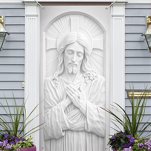 Oster-Türdekoration mit aufwendiger 3D-Jesus-Skulptur, perfekt für die Karwoche und Frühlingsdekorationen, ideal für die Osterdekoration von Türen und Außenbereichen. Image