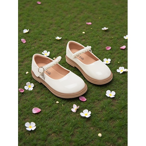 Mary-Jane-Schuhe mit Perlenriemen für Kinder, glänzendem PU-Obermaterial, gepolsterter Innensohle und stabiler, niedriger Plateausohle – ein süßer Prinzessinnenstil für Mädchen, perfekt als Image