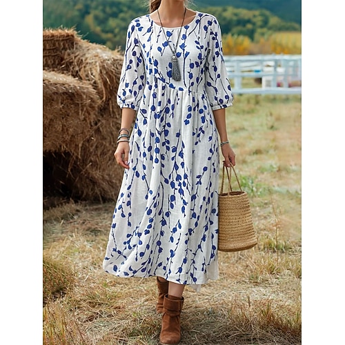 Damen Maxikleid Leinenähnlich Atmungsaktiv Leicht Shift Kleid Sommerkleid Urlaub Lässig Boho Strand Feiertag Date Geometrisch 3/4-lange Ärmel Rundhals Blau Weiß Pink Braun Sommer Frühling Image