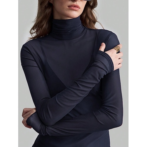 Damen Bluse Patchwork Netz Einfarbig Stilvoll Klassisch Modern Langarm Rollkragen Normale Oberteile Täglich Ferien Ausgehen Blau Schwarz Rote Braun Grün Sommer Frühling Herbst Winter Image