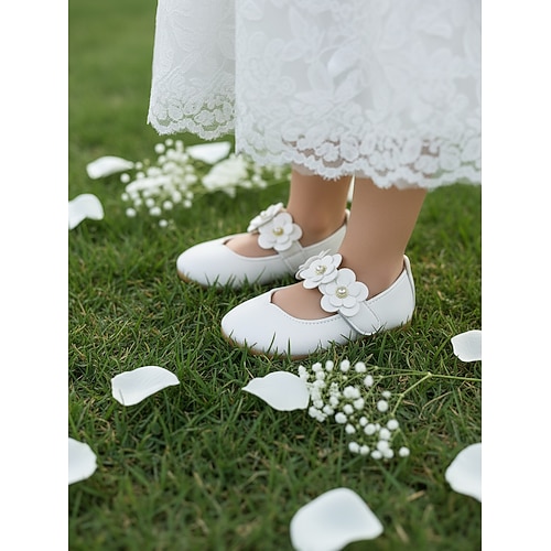 Weiße Mary-Jane-Schuhe für Blumenmädchen mit doppelter Blumenapplikation, weiche, cremefarbene Ballerinas im Prinzessinnenstil für kleine Mädchen, bequeme Schuhe mit niedrigem Absatz, perfekt für Image