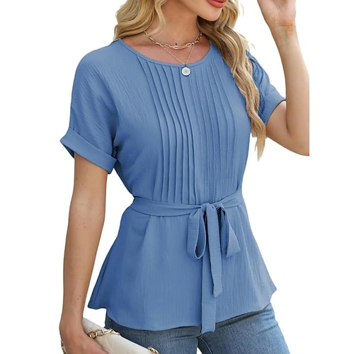 Damen Popover-Hemd Sommerhemd Freizeithemd Bluse Gerafft Schnürung Einfach Elegant Stilvoll Basic Kurzarm Rundhalsausschnitt Normale Oberteile Täglich Strand Ferien Blau Schwarz Weiß Grün Sommer Image