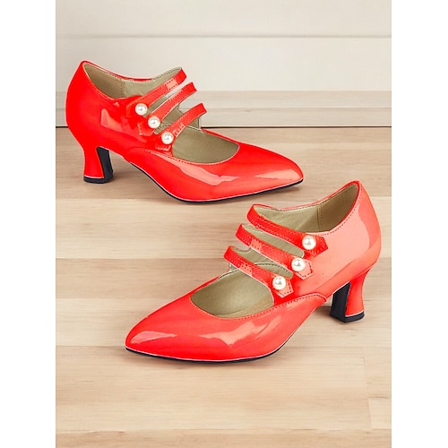 Damen Lack-Kunstleder Mary Jane Heels - Vintage Gatsby Mid-Heel Pumps mit Perlenriemen elegante Schuhe für Hochzeiten und formelle Veranstaltungen Image