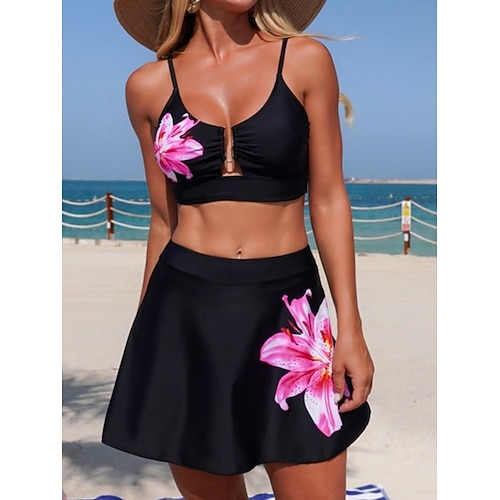 Damen Badeanzug Bikini Zweiteilig Rock Bademode Schlank Rückenfrei Urlaub Strandbekleidung Blumen V Ausschnitt Ärmellos Badeanzüge Image