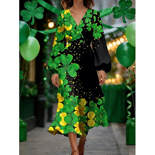 St. Patrick's Day Damen Midi Kleid A-Linie Kleid Urlaub Lässig Alltag Feiertag Regulär Fit Grafik Kleeblatt Langarm V-Ausschnitt Weiß Grün Sommer Frühling Image