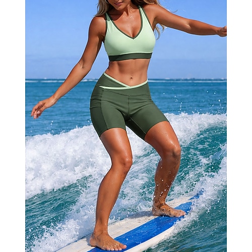 Damen Bikini-Sets Badeanzug 2 Teile Farbblockierung UV Schutz Elastisch Ärmellos Bademode Badeanzug Surfen Tauchen Schwimmen Sommer Image