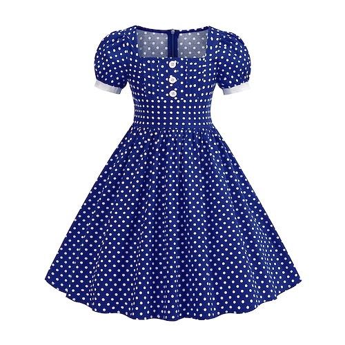 1950er Hepburn Retro Vintage Midlänge A-Linie Kleid Swing-Kleid Ausgestelltes Kleid Tupfen A-Linie Quadrathals Kostüm Mädchen Karneval Maskerade Urlaub Alltagskleidung Kinder Kleid Frühling Sommer Image