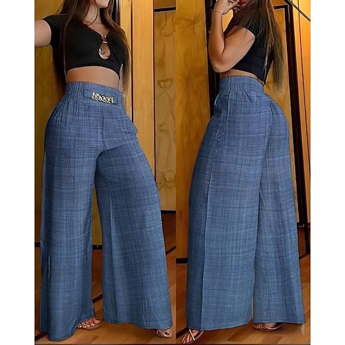 Damen Hose Anzughose Baggy-Hosen Urlaub Mode Streetwear Volle Länge Hohe Taille Einfach Elastischer Bund Weites Bein Komfort Leicht Weich Dehnbar Outdoor Straße Ferien Blau Schwarz Weiß Rosa Sommer Image