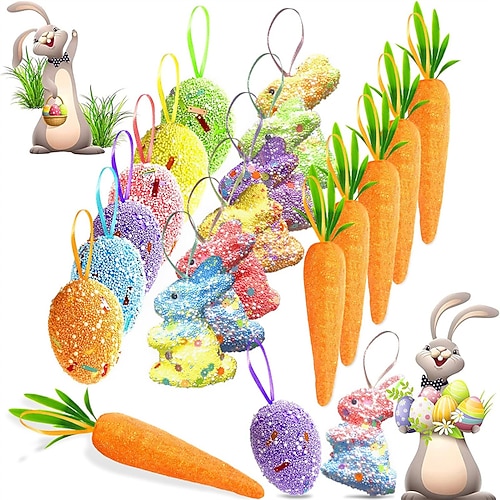 18-teiliges Set Ostereier- und Karottenanhänger, bunte Schaumstoff-Osterhasenanhänger, hochwertige künstliche Glitzerkarotten aus Schaumstoff, Baumdekorationen, DIY-Bastelarbeiten für Heimpartys Image