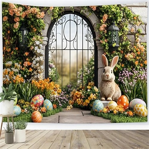 Ostergarten-Wandteppich, Hase an einem Torbogen mit Blumenranken und bunten Eiern, Frühlings-Wanddekoration, perfekt für Ostergarten und -haus Image