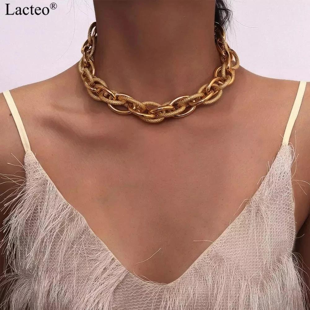 Lacteo Punk Hip Hop Gold Farbe Halsband Halskette für Frauen Statement Mode Halsketten Gothic Kubanische Chunky Chain Charm Halskette Image