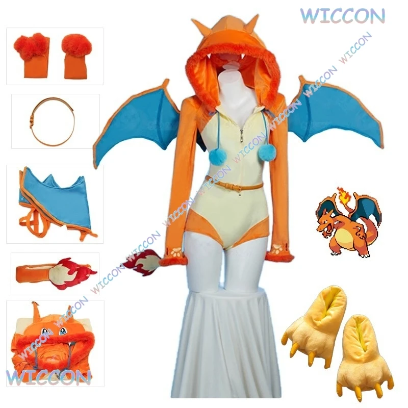 Frauen Halloween Weihnachten Rolle Spielen 2025, Neue Charizard Cosplay Kostüm Pelzigen Party Sexy Nette Schwanz Flügel Overall Schuhe