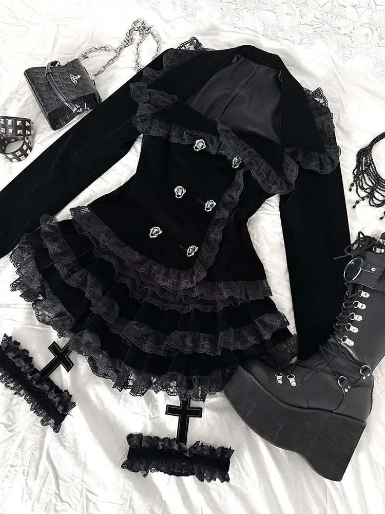 Set da 2 pezzi in pizzo nero stile palazzo gotico da donna High Street Darkly Slim Patchwork Gonna torta incrociata Abito Y2k Abiti da ragazza calda
