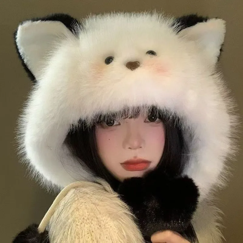 Niedliche errötende Katzenohrenmütze – flauschige pelzige Trappermütze mit Gesichtsrahmen-Design, gemütliche warme Wintermütze mit Ohrenklappe für Damen Image