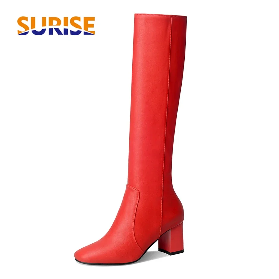 Red Black White Soft PU Knee High Boots Women High Block Heel Party Office Lady Sexy Fashion Square Toe Zipper Riding Long Boots