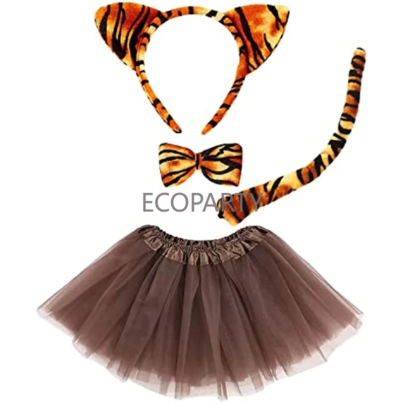 Kinder Tiger Kostüm Set Tiger Ohren Stirnband Fliege Handschuhe Tutu Rock Tier Kostüm Kostüm Anime Kleidung Cosplay Kostüme Image